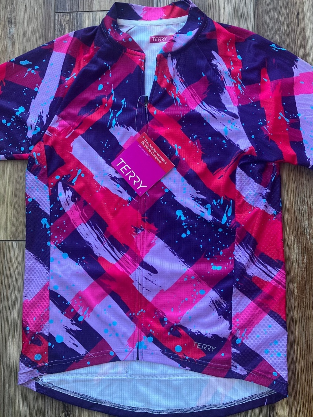 Terry Women's Large Cycling Jersey Full Zip Pink Purple Artistic Back Pocket NWT